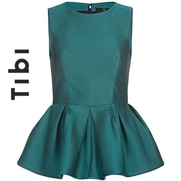 Tibi Simona Jacquard Peplum Pleated Top Teal NEW